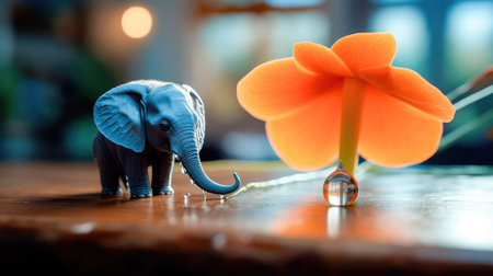 Tiny baby elephant, on a bright orange flower with dew drops reflecting on the petals, a sweet, beautiful scene. Generative AIの素材