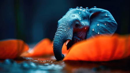 Tiny baby elephant, on a bright orange flower with dew drops reflecting on the petals, a sweet, beautiful scene. Generative AIの素材