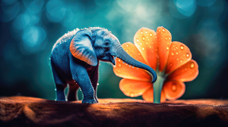 Tiny baby elephant, on a bright orange flower with dew drops reflecting on the petals, a sweet, beautiful scene. Generative AIの素材