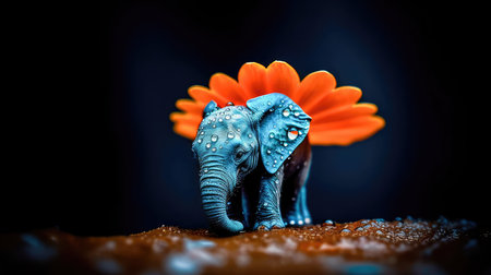 Tiny baby elephant, on a bright orange flower with dew drops reflecting on the petals, a sweet, beautiful scene. Generative AIの素材
