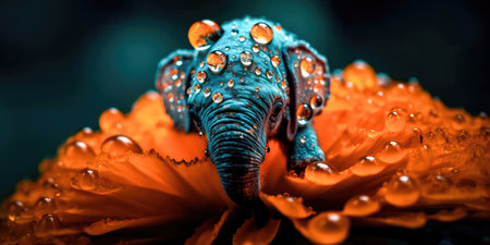 Tiny baby elephant, on a bright orange flower with dew drops reflecting on the petals, a sweet, beautiful scene. Generative AIの素材