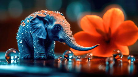 Tiny baby elephant, on a bright orange flower with dew drops reflecting on the petals, a sweet, beautiful scene. Generative AIの素材