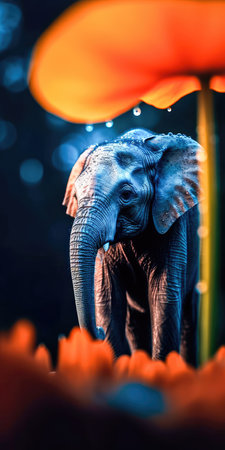 Tiny baby elephant, on a bright orange flower with dew drops reflecting on the petals, a sweet, beautiful scene. Generative AIの素材