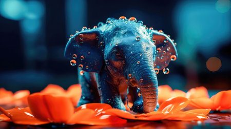 Tiny baby elephant, on a bright orange flower with dew drops reflecting on the petals, a sweet, beautiful scene. Generative AIの素材