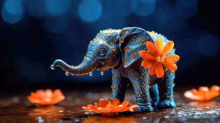 Tiny baby elephant, on a bright orange flower with dew drops reflecting on the petals, a sweet, beautiful scene. Generative AIの素材