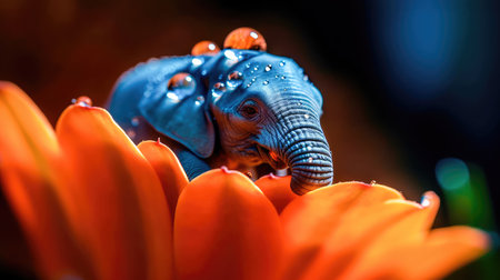 Tiny baby elephant, on a bright orange flower with dew drops reflecting on the petals, a sweet, beautiful scene. Generative AIの素材