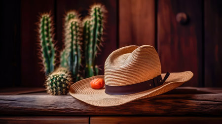 Wooden background with a cowboy hat lying on the table and a cactus. Wild West style background. Generative AIの素材