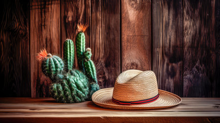 Wooden background with a cowboy hat lying on the table and a cactus. Wild West style background. Generative AIの素材