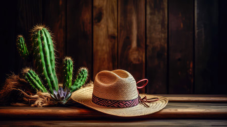 Wooden background with a cowboy hat lying on the table and a cactus. Wild West style background. Generative AIの素材