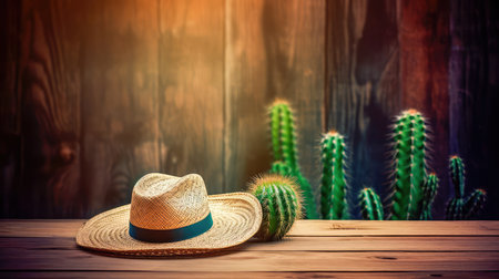 Wooden background with a cowboy hat lying on the table and a cactus. Wild West style background. Generative AIの素材