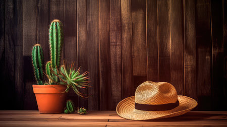 Wooden background with a cowboy hat lying on the table and a cactus. Wild West style background. Generative AIの素材