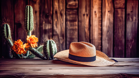 Wooden background with a cowboy hat lying on the table and a cactus. Wild West style background. Generative AIの素材