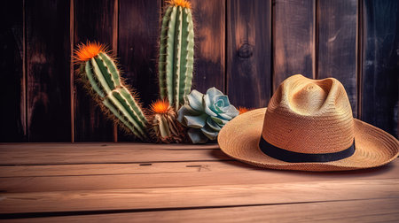 Wooden background with a cowboy hat lying on the table and a cactus. Wild West style background. Generative AIの素材