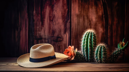 Wooden background with a cowboy hat lying on the table and a cactus. Wild West style background. Generative AIの素材