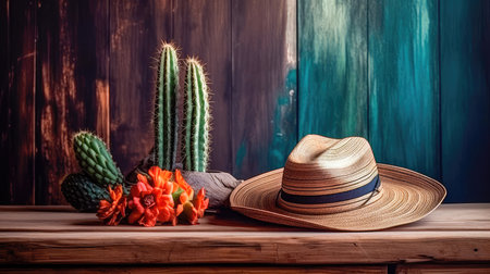 Wooden background with a cowboy hat lying on the table and a cactus. Wild West style background. Generative AIの素材