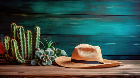 Wooden background with a cowboy hat lying on the table and a cactus. Wild West style background. Generative AIの素材