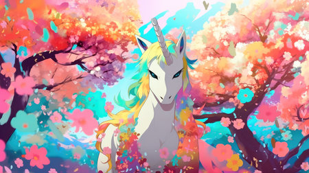 Unicorn on a blooming meadow, colorful colors in anime style. Generative AIの素材