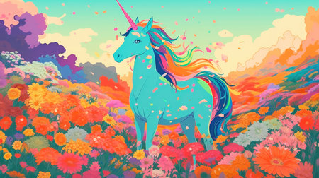 Unicorn on a blooming meadow, colorful colors in anime style. Generative AIの素材