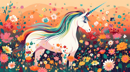 Unicorn on a blooming meadow, colorful colors in anime style. Generative AIの素材