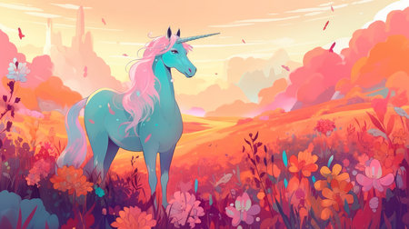 Unicorn on a blooming meadow, colorful colors in anime style. Generative AIの素材