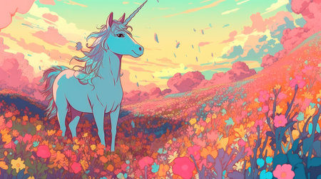 Unicorn on a blooming meadow, colorful colors in anime style. Generative AIの素材