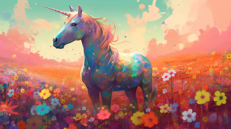 Unicorn on a blooming meadow, colorful colors in anime style. Generative AIの素材