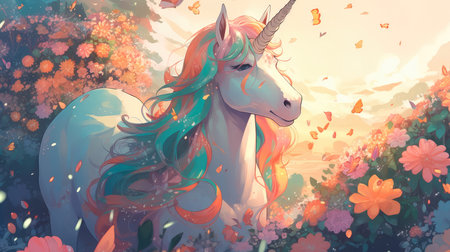 Unicorn on a blooming meadow, colorful colors in anime style. Generative AIの素材