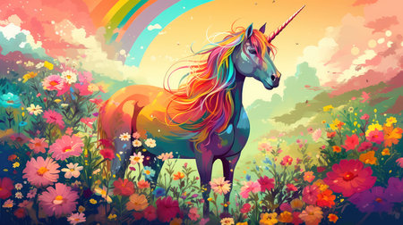 Unicorn on a blooming meadow, colorful colors in anime style. Generative AIの素材