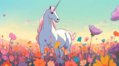 Unicorn on a blooming meadow, colorful colors in anime style. Generative AIの素材