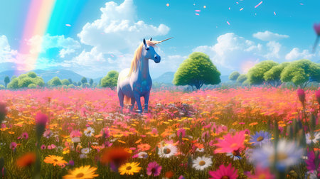 Unicorn on a blooming meadow, colorful colors in anime style. Generative AIの素材