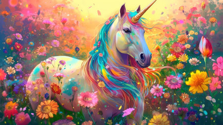 Unicorn on a blooming meadow, colorful colors in anime style. Generative AIの素材