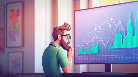 Man watching value charts on television, 3d cute style. Generative AIの素材