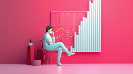 Man watching value charts on television, 3d cute style. Generative AIの素材