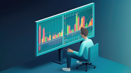 Man watching value charts on television, 3d cute style. Generative AIの素材