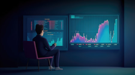 Man watching value charts on television, 3d cute style. Generative AIの素材