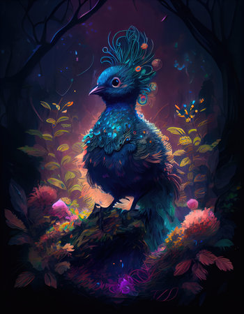 Small charming flower peacock in an enchanted forest, in the style of a magical animal, fantasy art.の素材