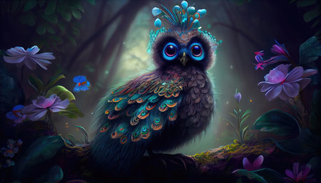 Small charming flower peacock in an enchanted forest, in the style of a magical animal, fantasy art.の素材