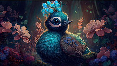 Small charming flower peacock in an enchanted forest, in the style of a magical animal, fantasy art.の素材