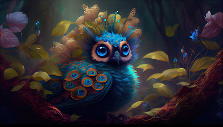 Small charming flower peacock in an enchanted forest, in the style of a magical animal, fantasy art.の素材