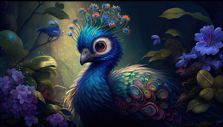 Small charming flower peacock in an enchanted forest, in the style of a magical animal, fantasy art.の素材