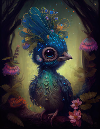 Small charming flower peacock in an enchanted forest, in the style of a magical animal, fantasy art.の素材