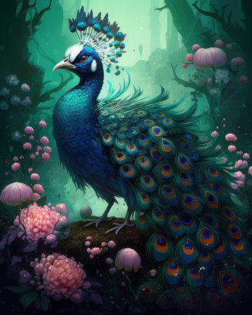 Small charming flower peacock in an enchanted forest, in the style of a magical animal, fantasy art.の素材