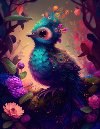 Small charming flower peacock in an enchanted forest, in the style of a magical animal, fantasy art.の素材