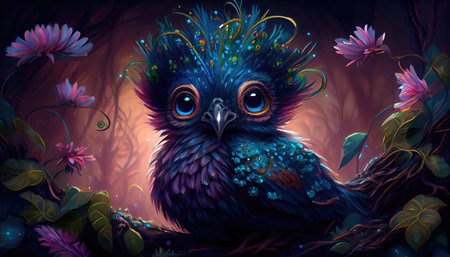 Small charming flower peacock in an enchanted forest, in the style of a magical animal, fantasy art.の素材