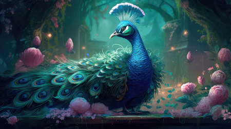 Small charming flower peacock in an enchanted forest, in the style of a magical animal, fantasy art.の素材