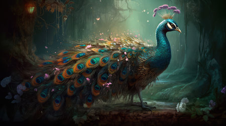 Small charming flower peacock in an enchanted forest, in the style of a magical animal, fantasy art.の素材
