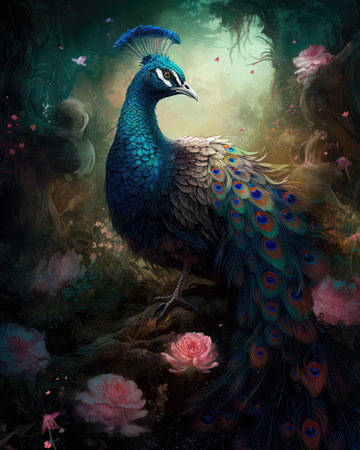 Small charming flower peacock in an enchanted forest, in the style of a magical animal, fantasy art.の素材