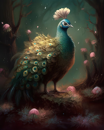 Small charming flower peacock in an enchanted forest, in the style of a magical animal, fantasy art.の素材