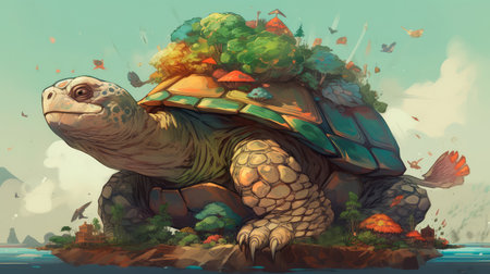 Giant space turtle carrying earth on its back is wandering in space. Generative AIの素材