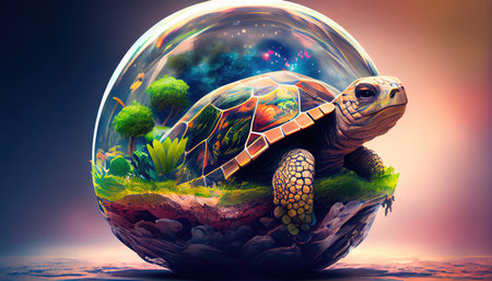 Giant space turtle carrying earth on its back is wandering in space. Generative AIの素材